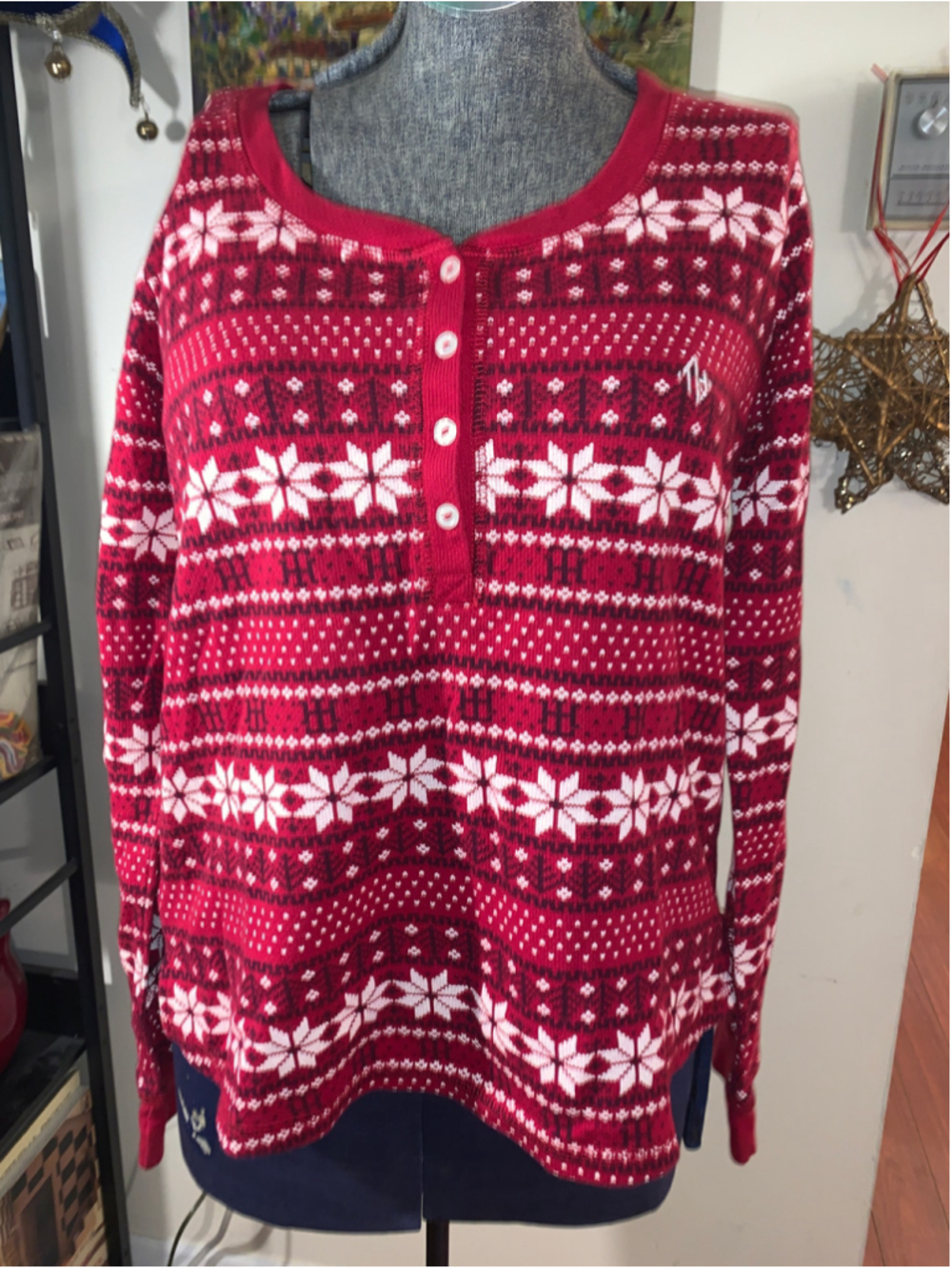 Women's Tommy Hilfiger Red White Fair Isle Long Sleeve Henley Tee Size M